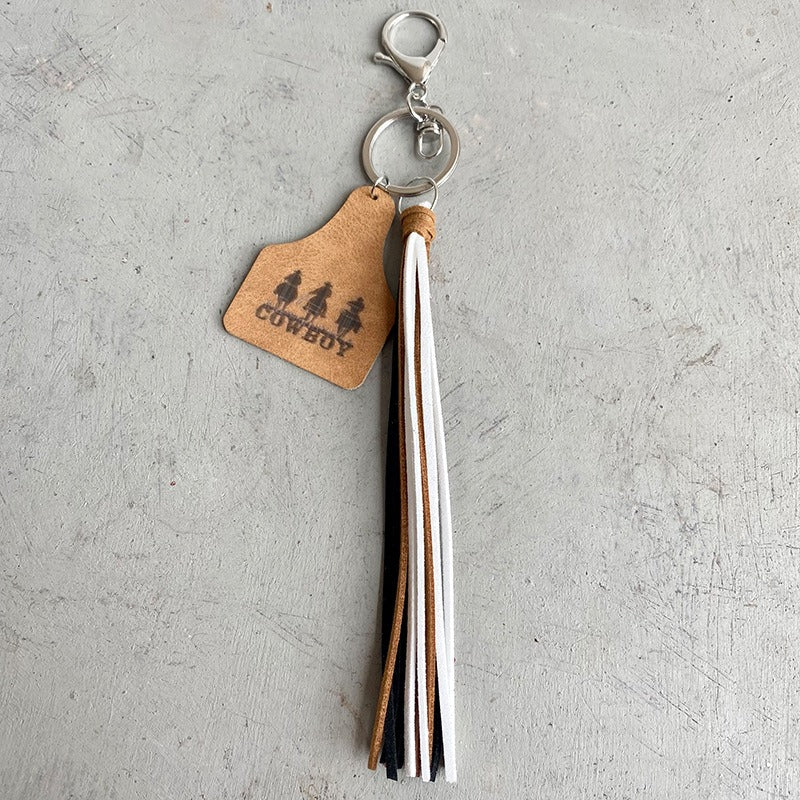 Western Cowboy Loss Prevention Device Aztec Bullhead Bull Brand Leather Keychain Leather Tassel Popular Pendant