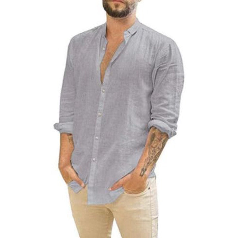 Cárdigan de cuello alto retro para hombre, nueva camisa informal de lino y algodón de manga larga de color sólido