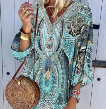 Summer Bohemian V-neck Long Sleeve Printed Casual Dress in Europe and America