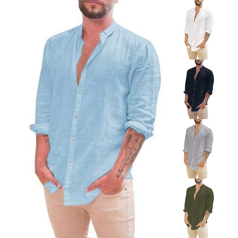 Men's Retro Standing Collar Cardigan, New Casual Long Sleeved Cotton Linen Solid Color Shirt