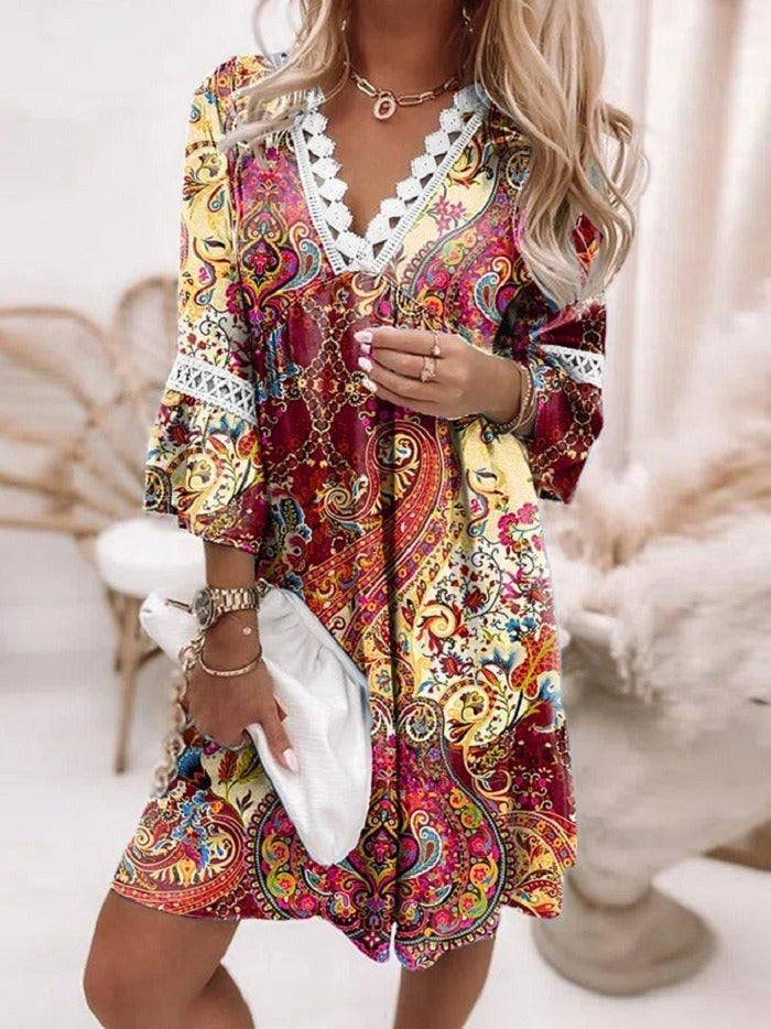 European and American V-Neck Printed Lace Stitched Bohemian Casual Holiday Dress