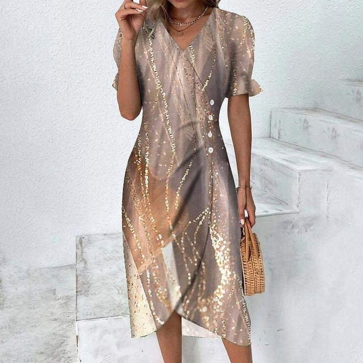 New Geometric Collage Bubble Sleeve Irregular Hem Dress