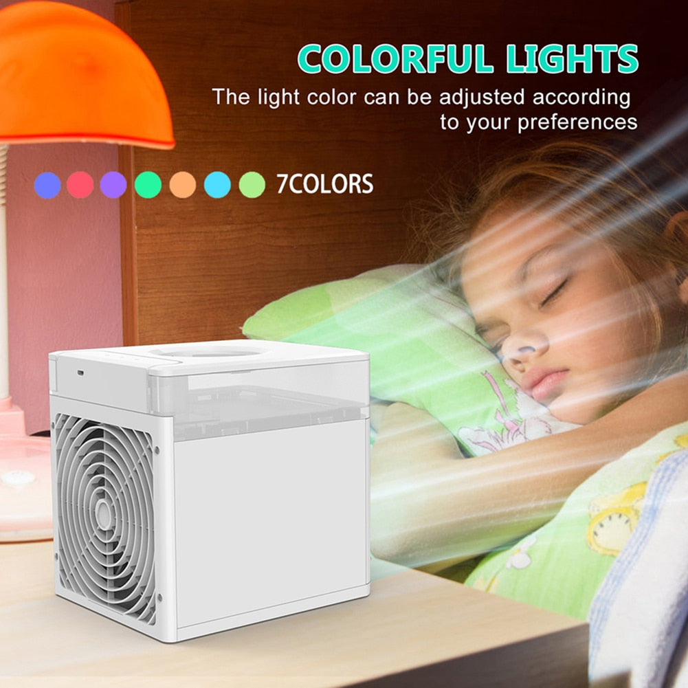 Mini aire acondicionado, ventilador enfriador de aire, luz de 7 colores, USB, ventilador de enfriamiento de aire portátil, acondicionador, esterilización, ventilador enfriador de aire