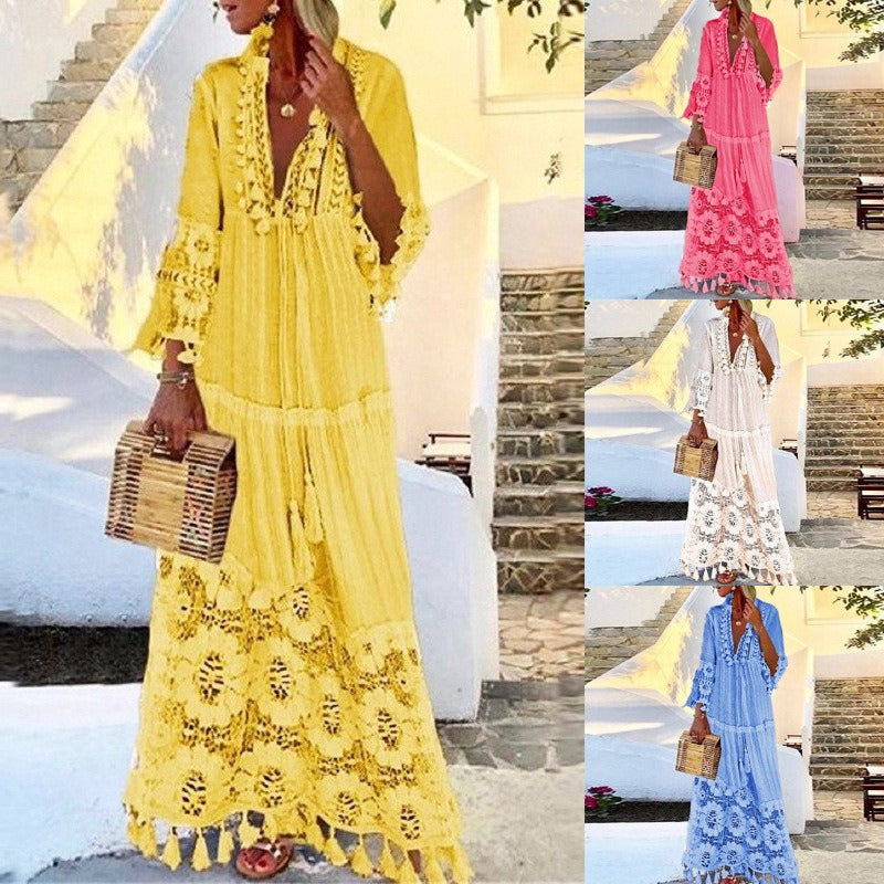 Vestido estilo playa de vacaciones con falda larga estilo bohemio, escote en V, encaje, borlas y retazos, estilo europeo y americano