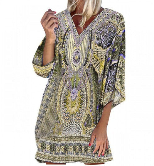 Summer Bohemian V-neck Long Sleeve Printed Casual Dress in Europe and America