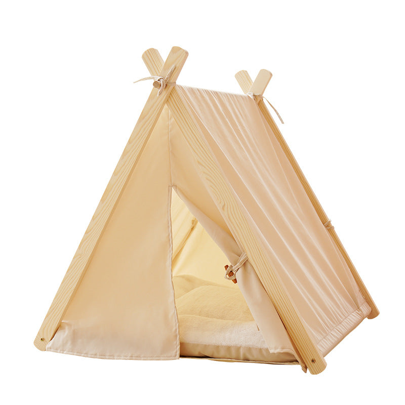 Four Seasons Pet Nest Removable and Washable Beige Stripe Canvas Solid Wood Tent Cat Nest Dog Bed