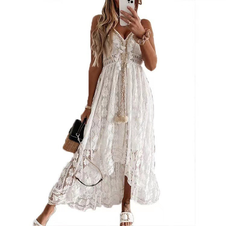 New European and American Fashion Strap Lace Large Swing Waist Long Dress