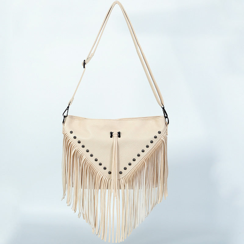 Bolso de cuero suave con remaches estilo europeo y americano, estilo casual, con borlas y remaches, bolso cruzado en diagonal de un solo hombro, bolso grande para mujer