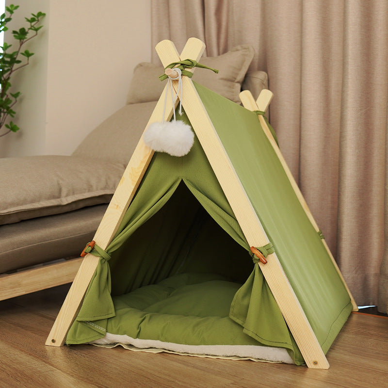 Nido para mascotas Four Seasons, extraíble y lavable, lona de rayas beige, carpa de madera maciza, cama para perros y gatos