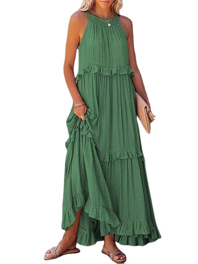 Vestido largo con borde de hoja de loto estilo vacaciones de verano europeo y americano con gran vuelo y elegante falda de playa para mujer