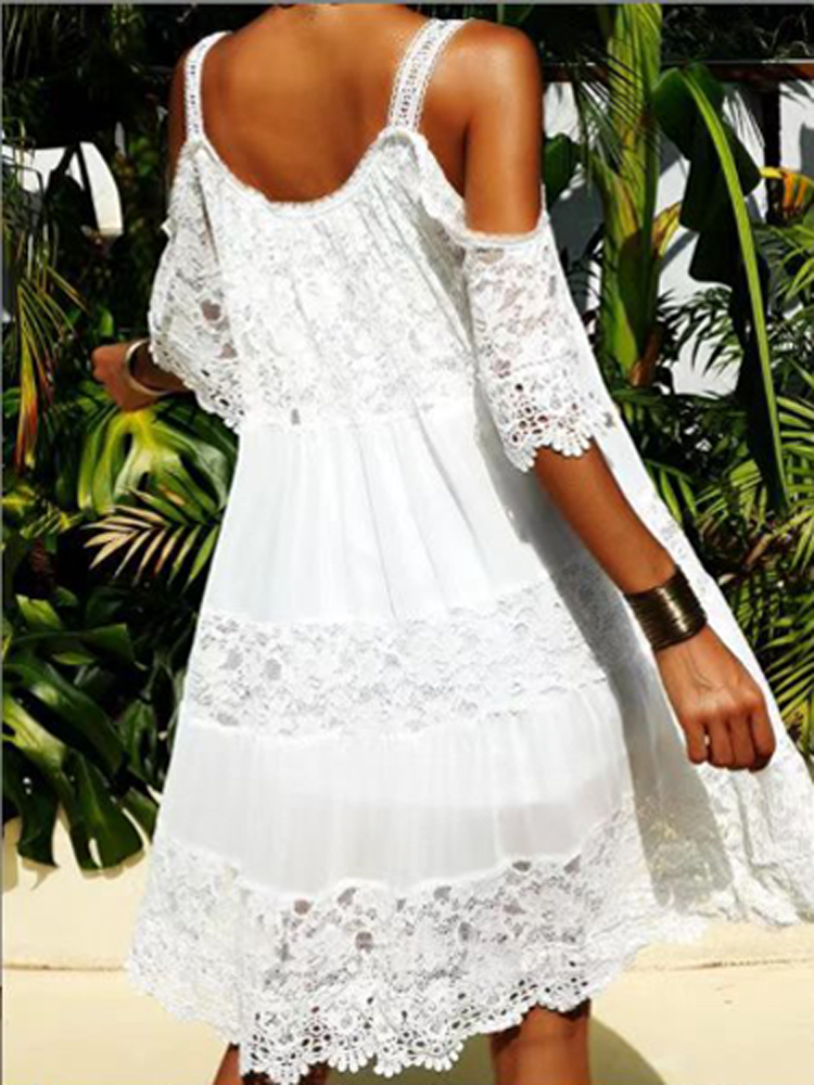 European and American Women's New Summer Chiffon Lace Splicing Holiday Style Solid Suspender Off Shoulder Dress