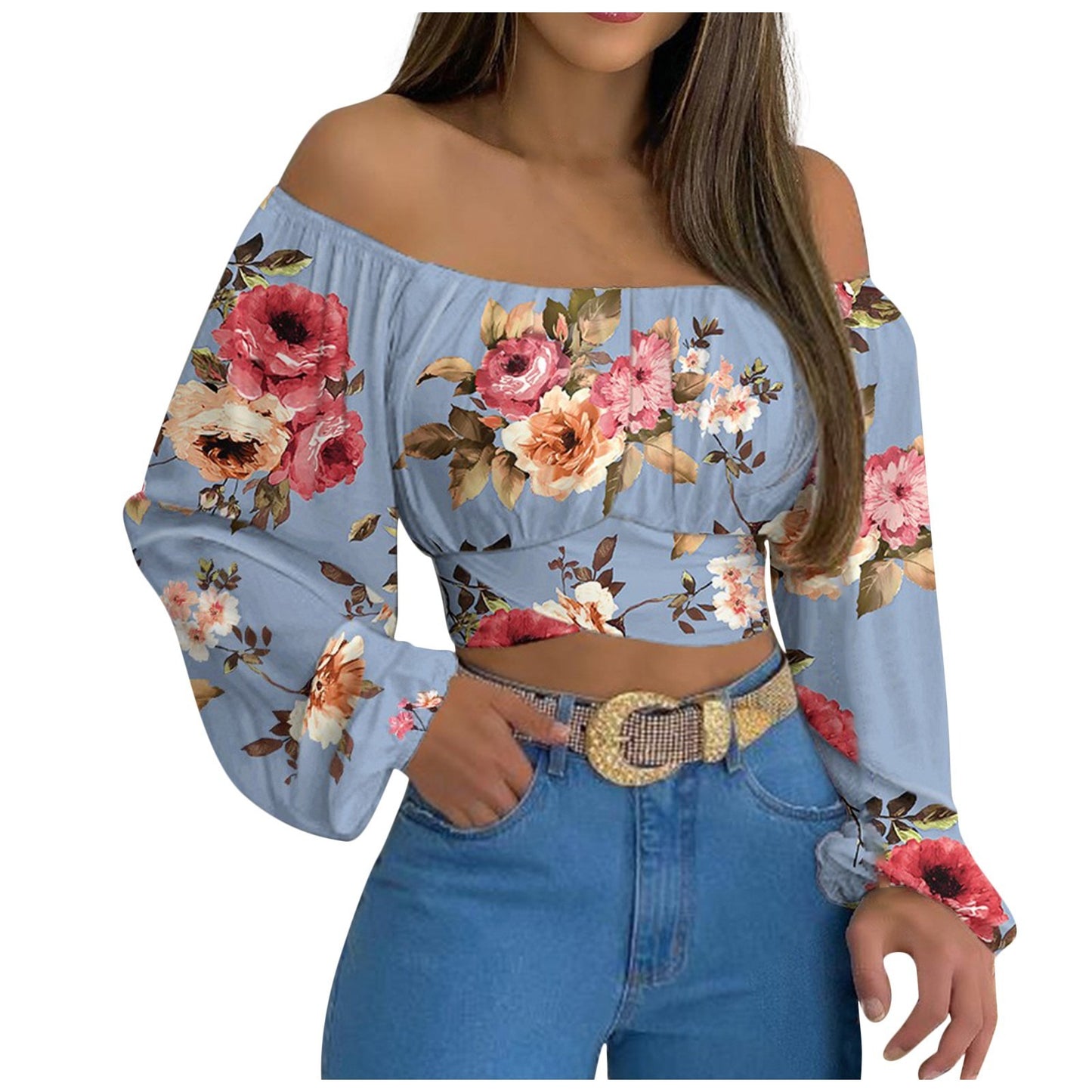 Spring/Summer European and American Women's Wear Women's Off Shoulder Cross Tie Long Sleeve Top