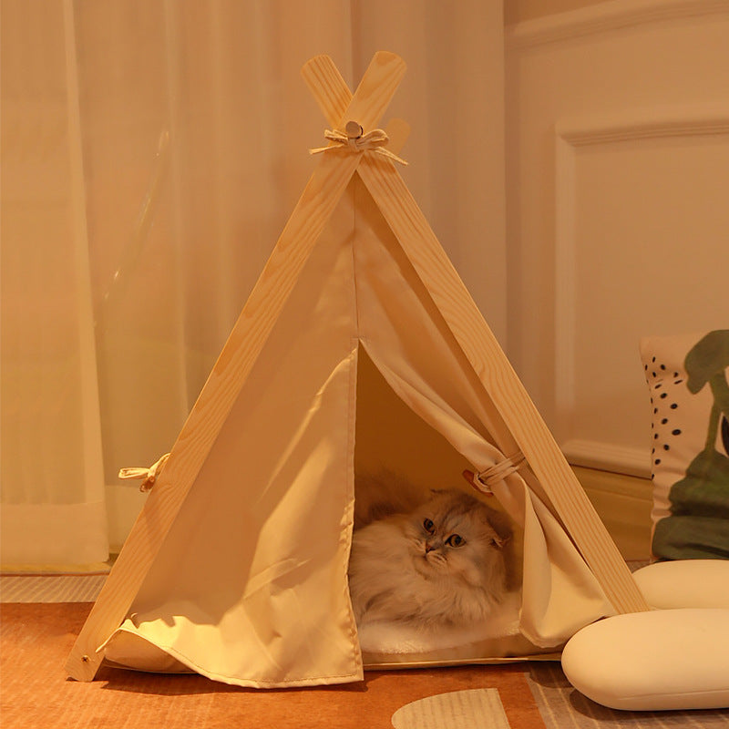 Four Seasons Pet Nest Removable and Washable Beige Stripe Canvas Solid Wood Tent Cat Nest Dog Bed