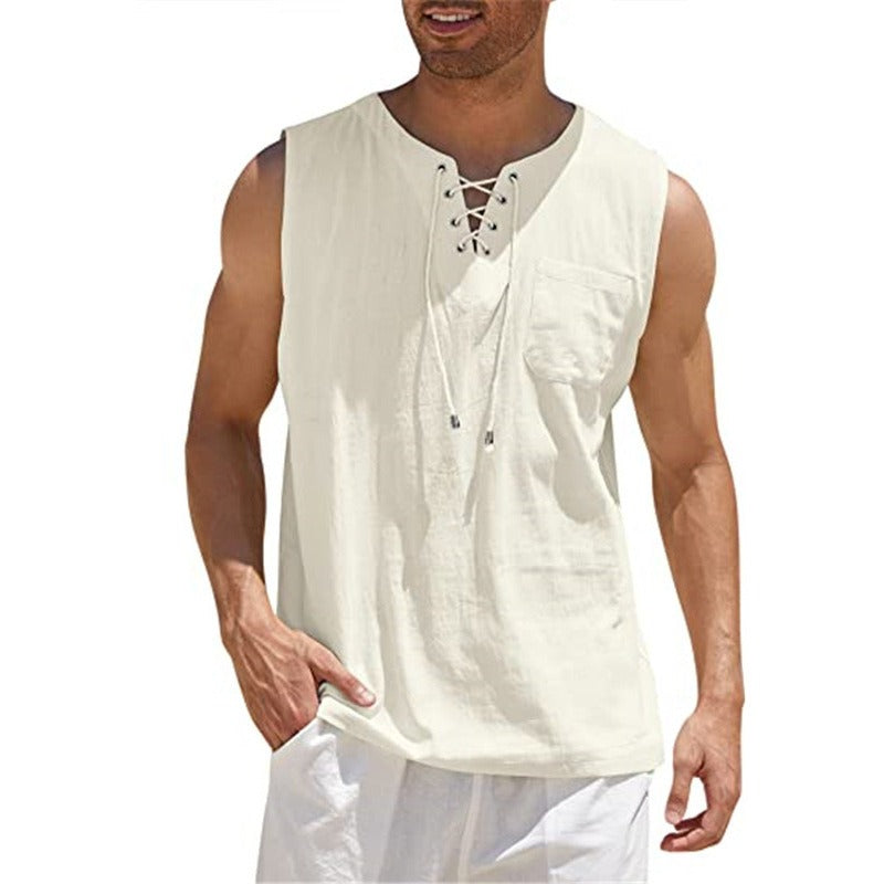 New Mens Tank Top Shirt Lace Up Fashion Solid Cotton Hemp Short Sleeve T shirt