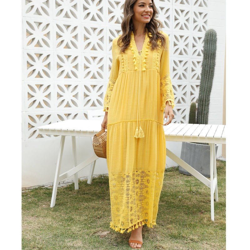 European American Long Skirt Bohemian Style V-Neck Lace Tassel Stitching Beach Resort Dress