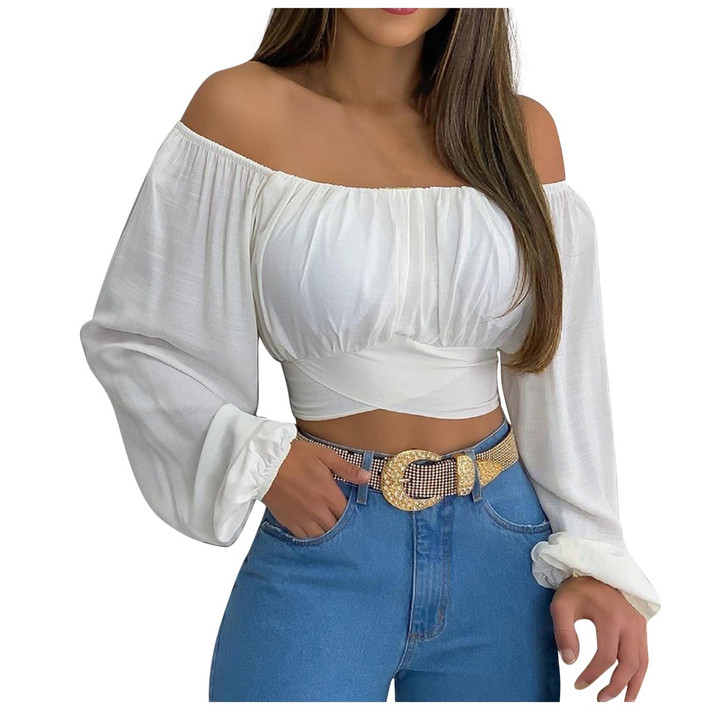 Spring/Summer European and American Women's Wear Women's Off Shoulder Cross Tie Long Sleeve Top