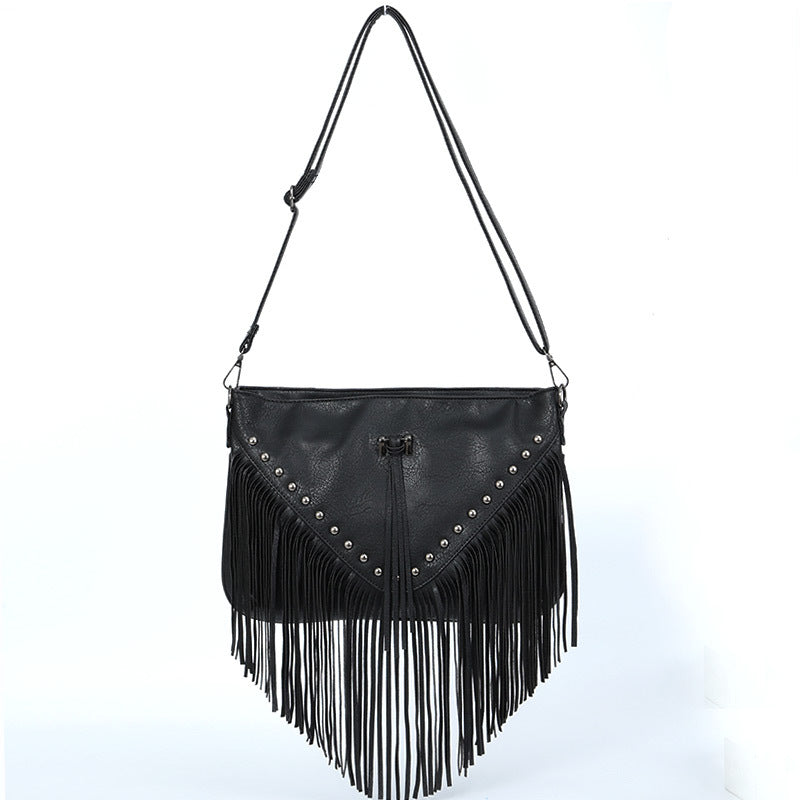 Bolso de cuero suave con remaches estilo europeo y americano, estilo casual, con borlas y remaches, bolso cruzado en diagonal de un solo hombro, bolso grande para mujer