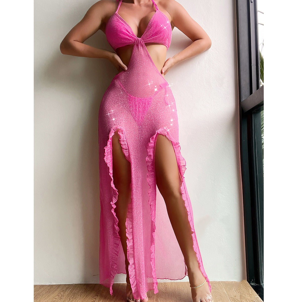 Vacation Beach Skirt with Irregular Wood Ear Edge Cutout Slim Fit Hanging Neck Strap Bikini Dress