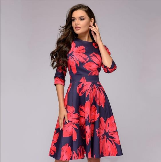 Vestido de fiesta de estilo retro con pequeñas flores fragmentadas y mangas 7/4 con cuello redondo para mujer de estilo occidental para otoño e invierno