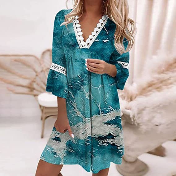 European and American V-Neck Printed Lace Stitched Bohemian Casual Holiday Dress