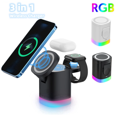 Cargador inalámbrico rápido magnético 3 en 1 para teléfono inteligente, estación de carga con luz ambiental RGB para Airpods y iWatch 