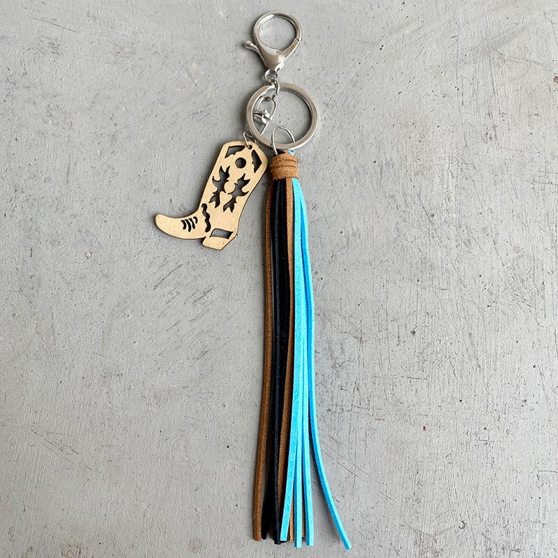 European And American Pendants Aztec Horseshoe Denim Wood Keychain Retro Made Old Leather Tassel Pendants