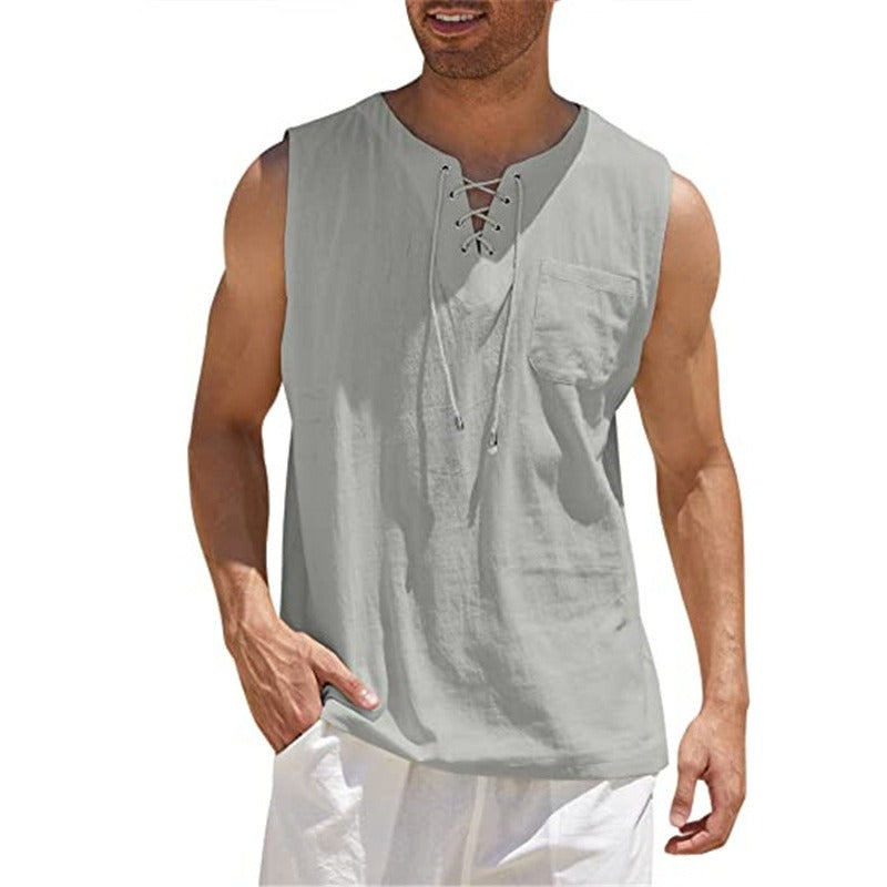 New Mens Tank Top Shirt Lace Up Fashion Solid Cotton Hemp Short Sleeve T shirt