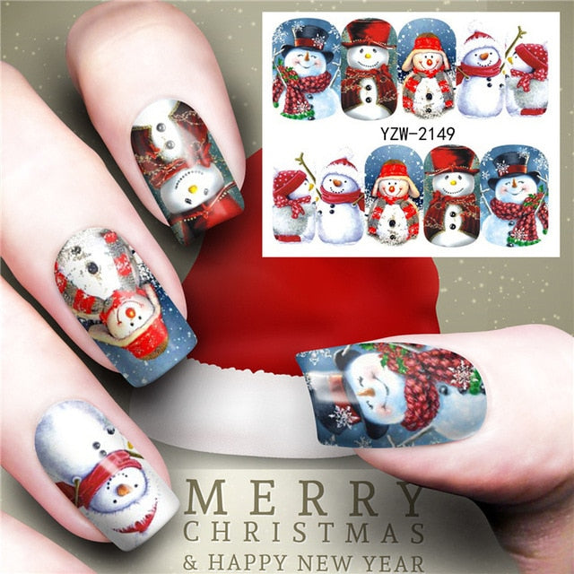 Christmas Water Nail Stickers Transfer Decals Sliders Snowman Deer Halloween Gel Polish Wraps Nail Decor