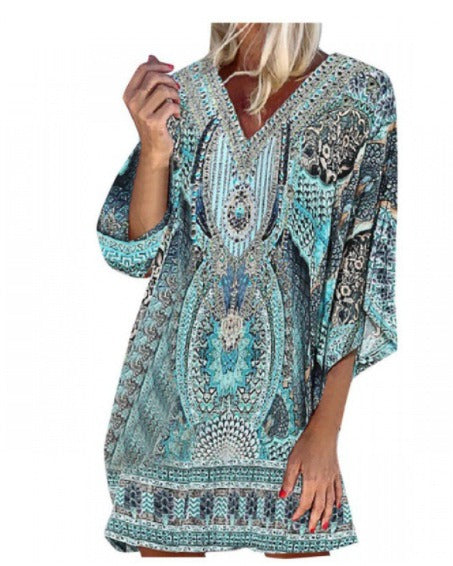 Summer Bohemian V-neck Long Sleeve Printed Casual Dress in Europe and America