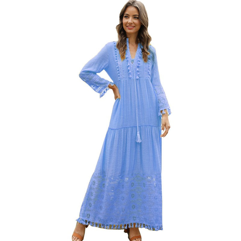 European and American Long Skirt Bohemian V-Neck Lace Tassel Patchwork Beach Vacation Style Dress