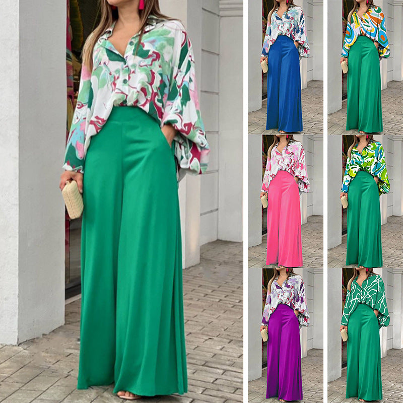 European and American womens printed shirt, elegant and wide leg pants, fashionable and casual set