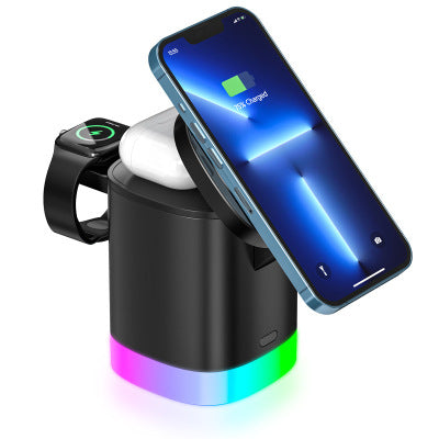 Cargador inalámbrico rápido magnético 3 en 1 para teléfono inteligente, estación de carga con luz ambiental RGB para Airpods y iWatch 