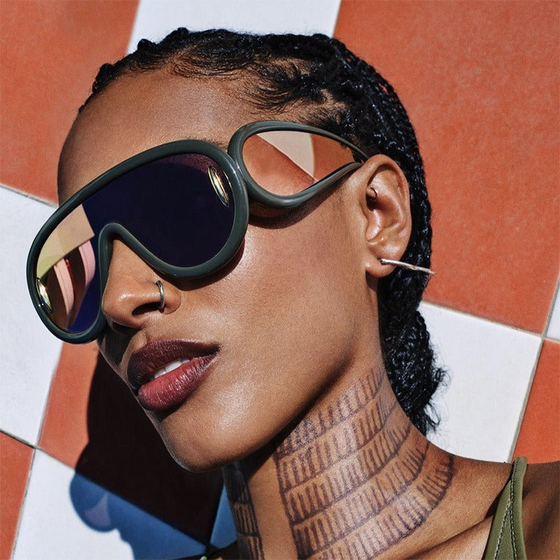 Gafas de sol de una sola pieza con montura grande Gafas de sol futuristas estilo punk hip-hop para exteriores