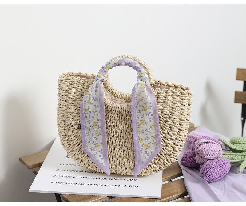 New Little Fresh Purple Straw Woven Bag Temperament Small Flower Scarf Handheld Woven Bag Beach Vacation Bag