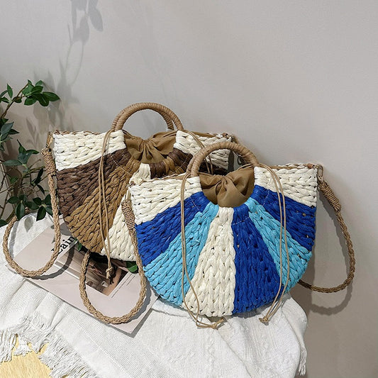 Tengbian Handheld Bag Womens Bag Vacation Travel Beach Bag One Shoulder Crossbody Bag Fashion Handmade Grass Woven Bag