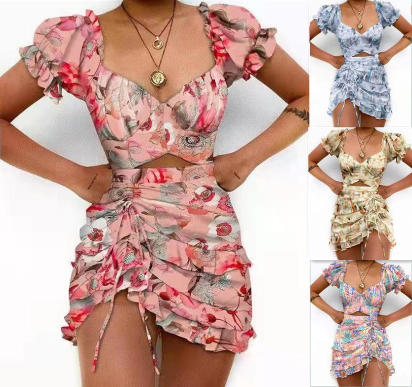 Vestido sexy de manga corta con volantes y cordón estampado a la moda europea y americana