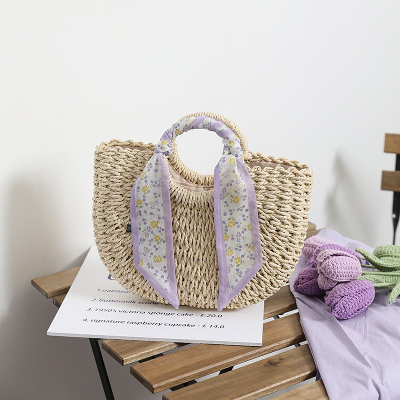 New Little Fresh Purple Straw Woven Bag Temperament Small Flower Scarf Handheld Woven Bag Beach Vacation Bag