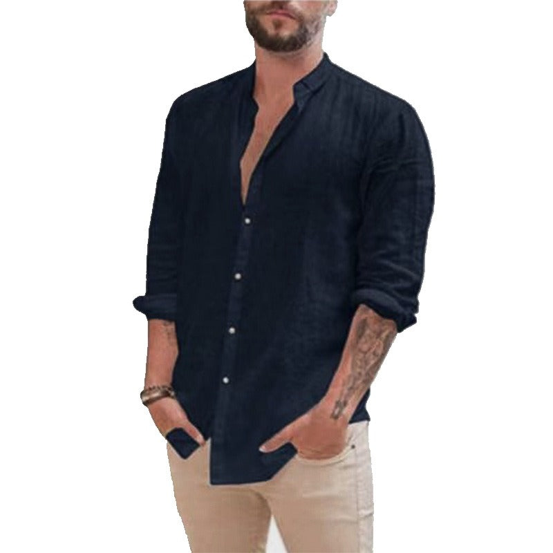 Men's Retro Standing Collar Cardigan, New Casual Long Sleeved Cotton Linen Solid Color Shirt