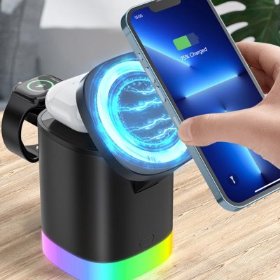 Cargador inalámbrico rápido magnético 3 en 1 para teléfono inteligente, estación de carga con luz ambiental RGB para Airpods y iWatch 