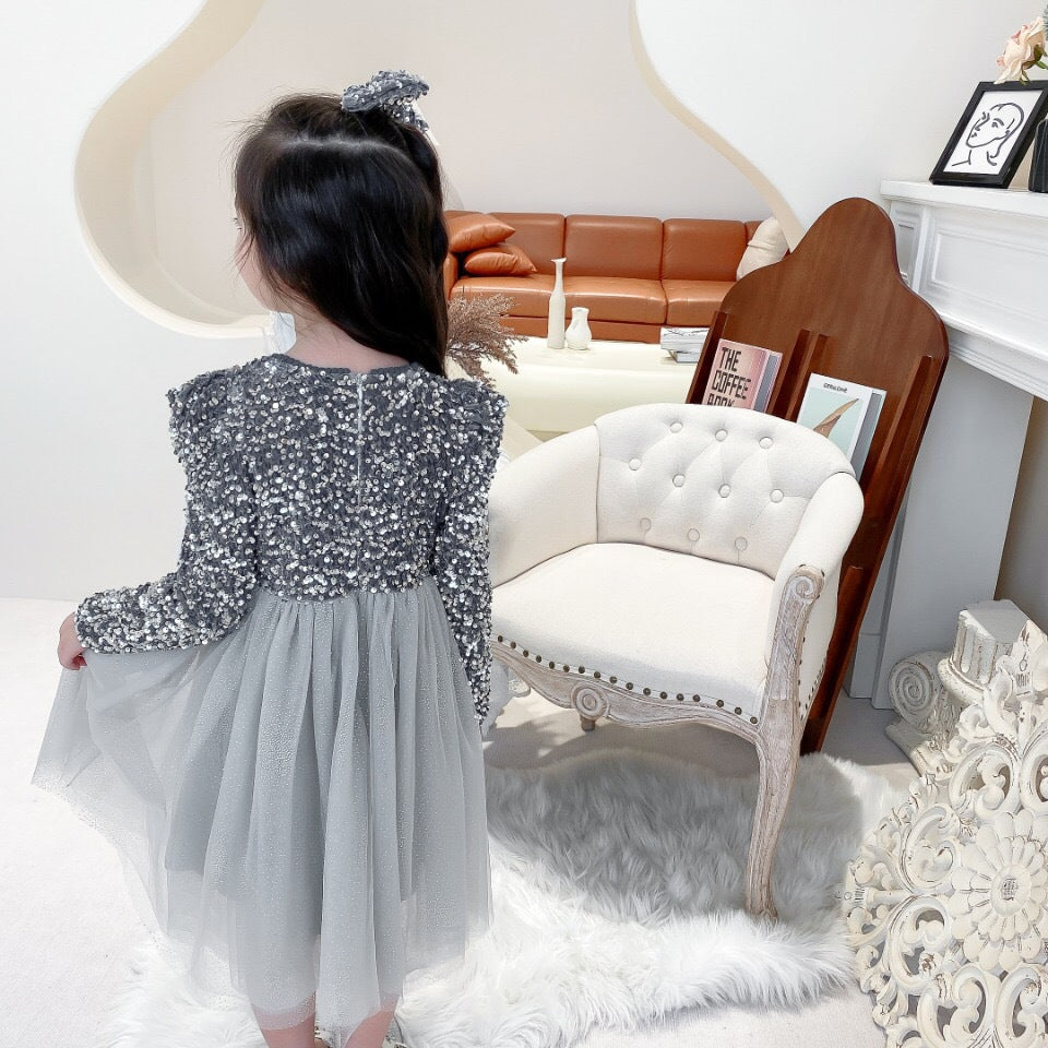 Free Hair Accessories Plush Sequin Dress Girl's Long Sleeve Puffy Dress Fairy Princess Dress