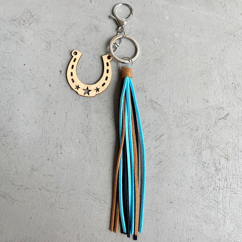 European And American Pendants Aztec Horseshoe Denim Wood Keychain Retro Made Old Leather Tassel Pendants