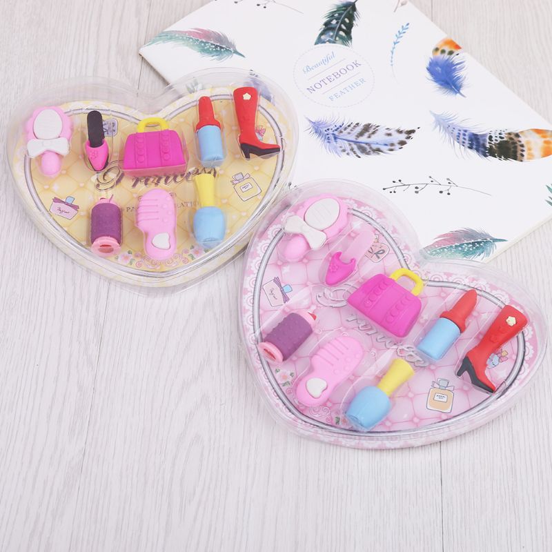 8pcs/set Girl Cosmetics Pencil Eraser Heart Gift Box Stationery School Supplies-school supplies