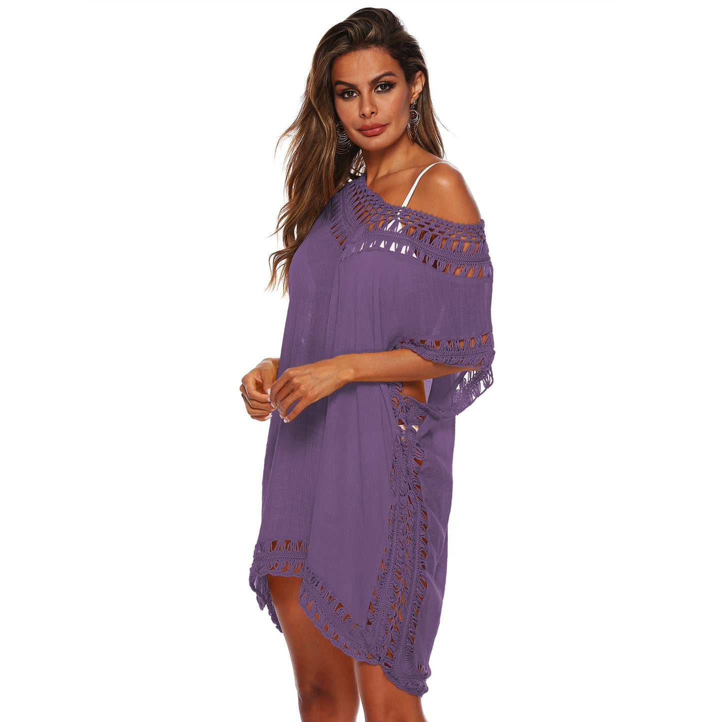 European and American V-Neckline Hook Splicing Hollowed Out Loose Beach Bikini Cover Up Dress