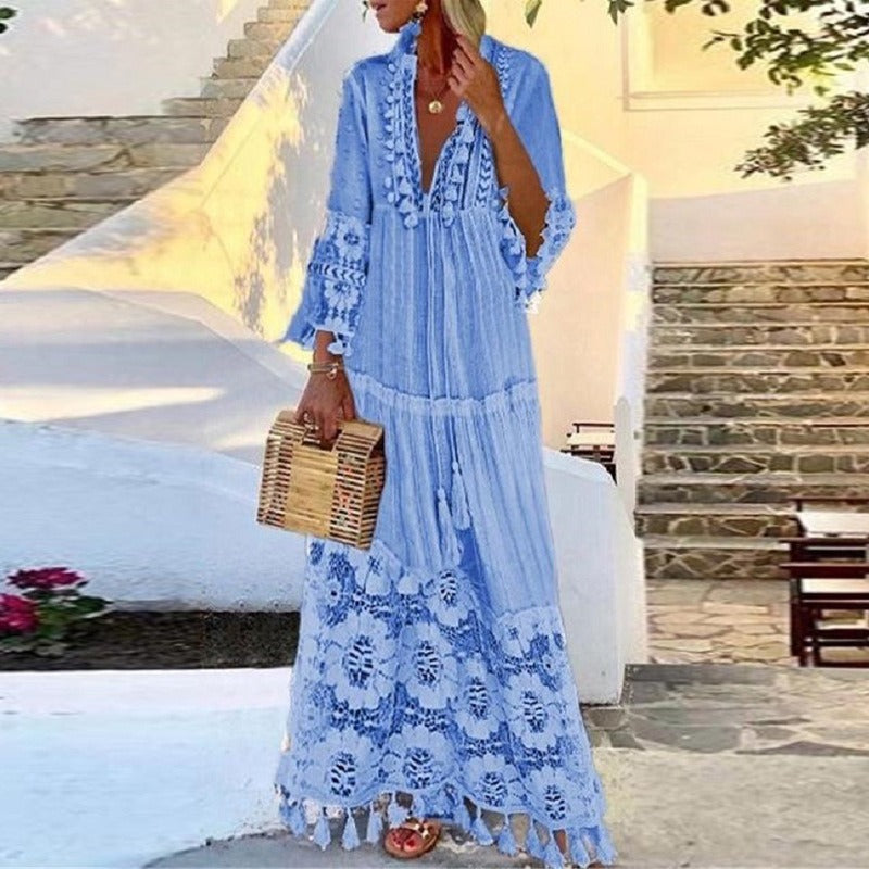 Vestido estilo playa de vacaciones con falda larga estilo bohemio, escote en V, encaje, borlas y retazos, estilo europeo y americano