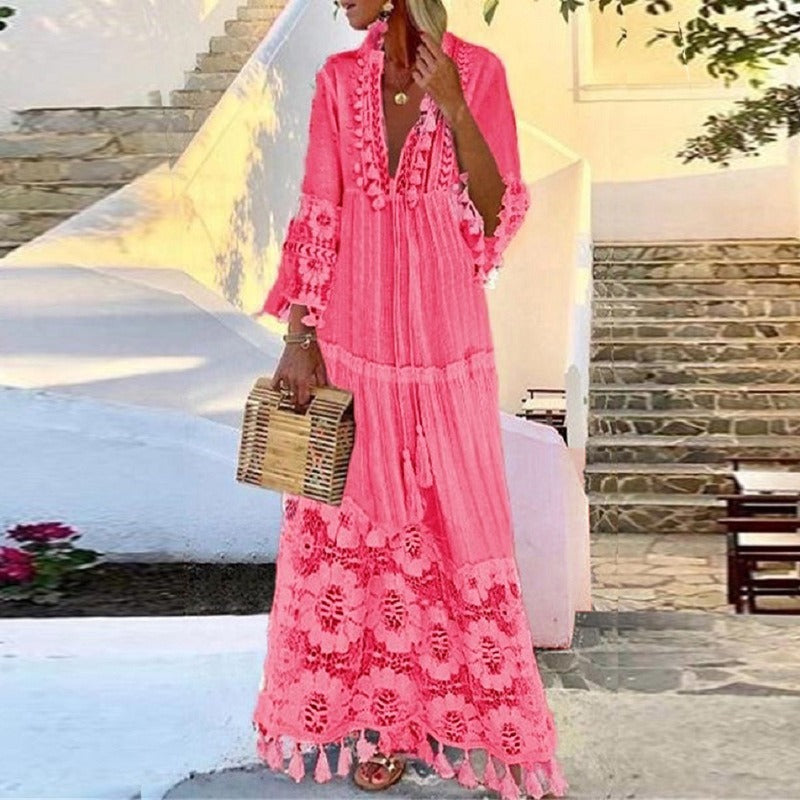 Vestido playero estilo bohemio con escote en V, encaje y borlas, estilo europeo americano, para resort