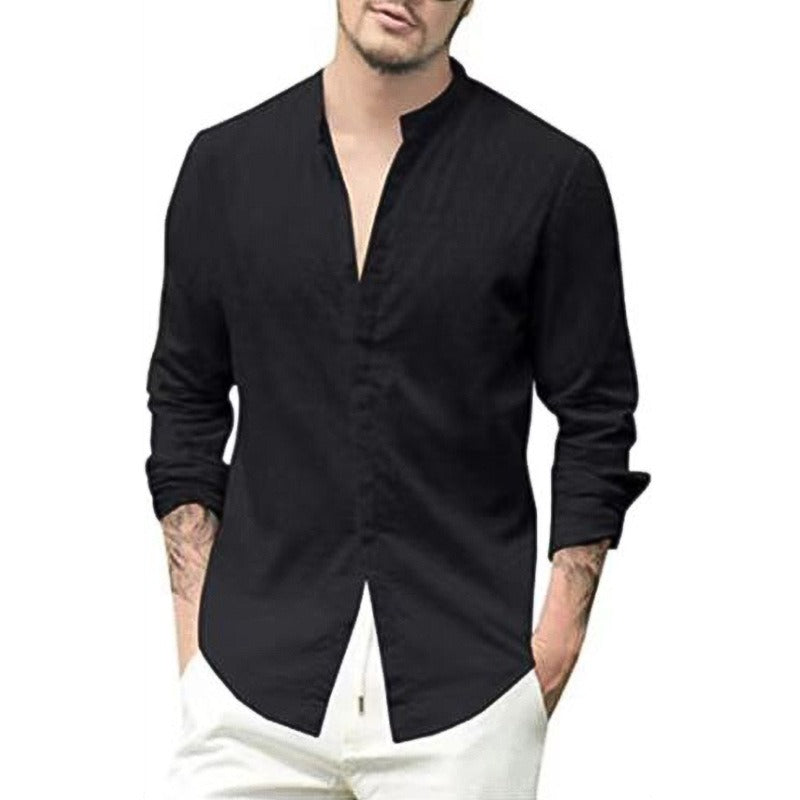 Men's Retro Standing Collar Cardigan, New Casual Long Sleeved Cotton Linen Solid Color Shirt