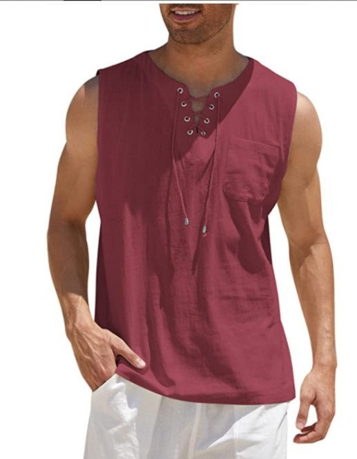 New Mens Tank Top Shirt Lace Up Fashion Solid Cotton Hemp Short Sleeve T shirt