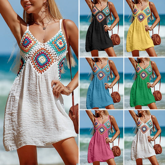 European and American Hand Hook Patchwork Colorful Pattern V-Neck Pullover with Hollowed Out Breathable Beach Bikini Cover Up Dress