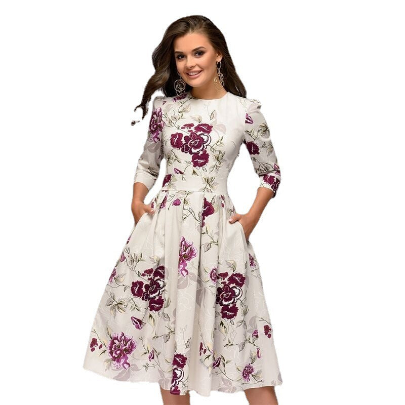 Vestido de fiesta de estilo retro con pequeñas flores fragmentadas y mangas 7/4 con cuello redondo para mujer de estilo occidental para otoño e invierno