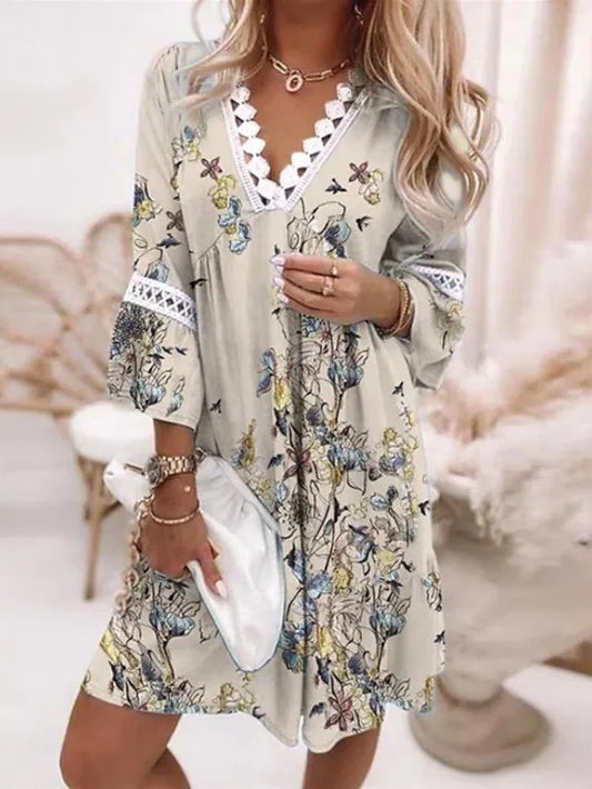 European and American V-Neck Printed Lace Stitched Bohemian Casual Holiday Dress